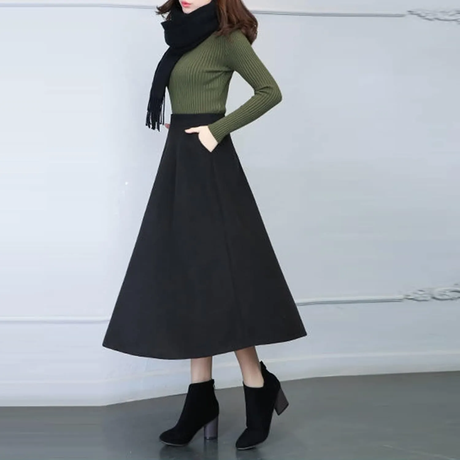 Womens Winter Vintage High Elastic Waist A Line Pleated Wool Midi Skirt Lady Toddler Girl Ballet Leotard with