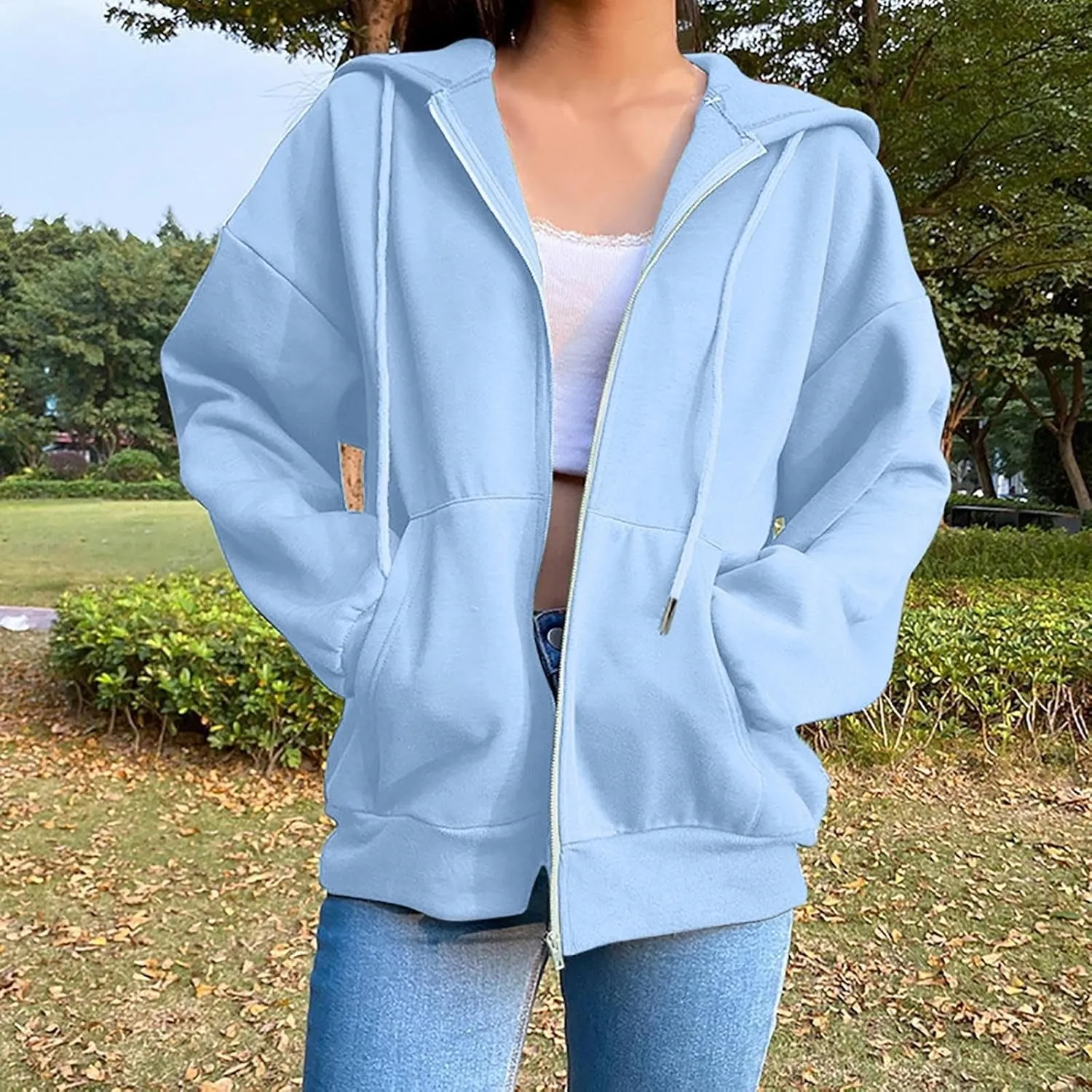 Womens Zip Up Hoodies Long Sleeve Oversized Sweatshirts Fleece Jacket Pockets 2024 Fall Outfits Fashion Y2K Clothes