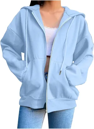 Womens Zip Up Hoodies Long Sleeve Oversized Sweatshirts Fleece Jacket Pockets 2024 Fall Outfits Fashion Y2K Clothes