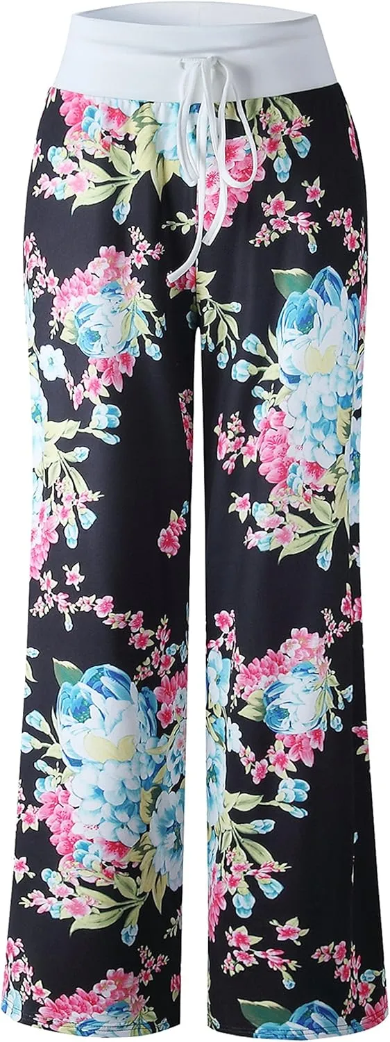 X-Image Women's Comfy Pajamas Drawstring Stretch Floral Print Long Wide Leg Lounge Pants