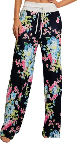 X-Image Women's Comfy Pajamas Drawstring Stretch Floral Print Long Wide Leg Lounge Pants
