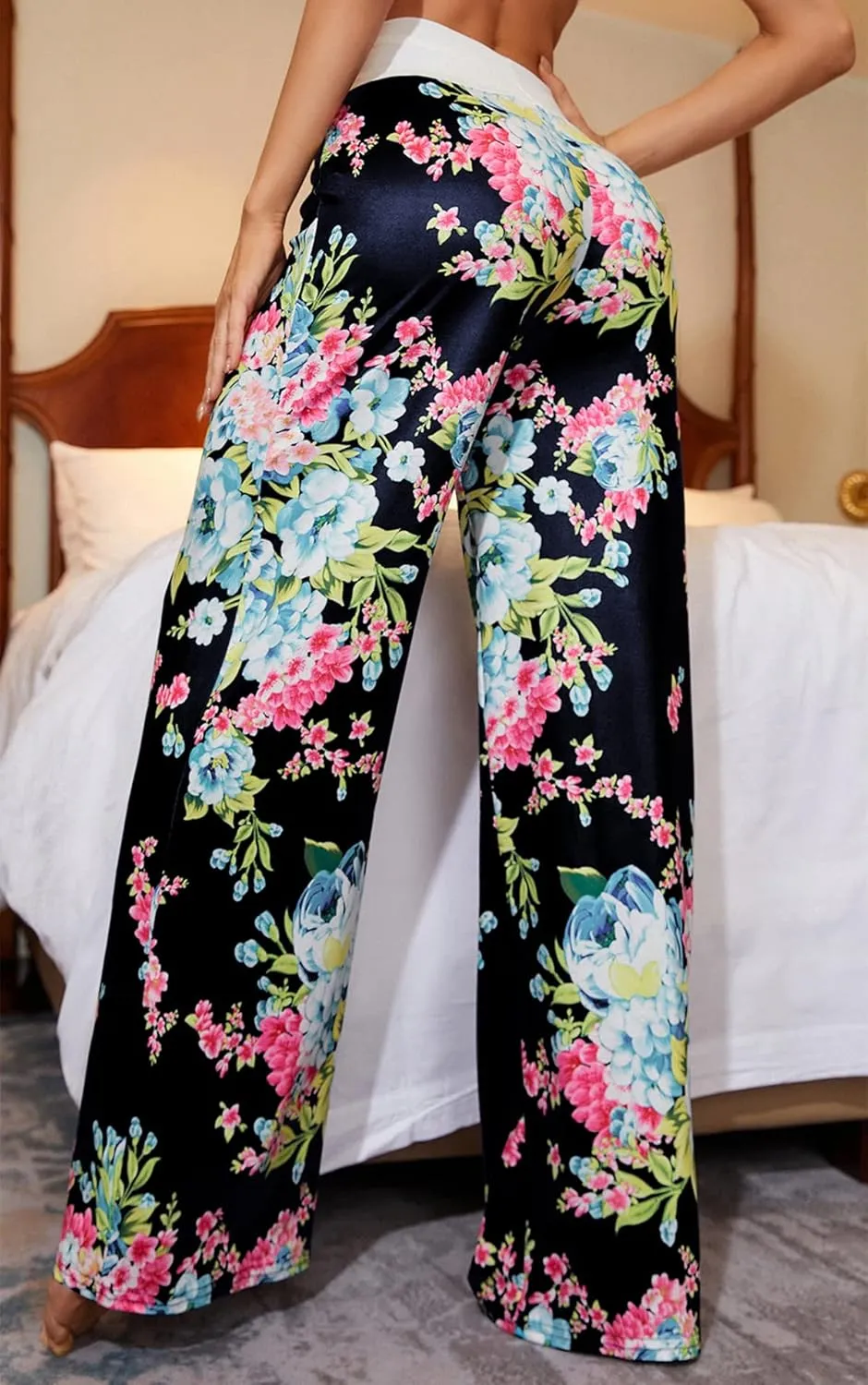 X-Image Women's Comfy Pajamas Drawstring Stretch Floral Print Long Wide Leg Lounge Pants