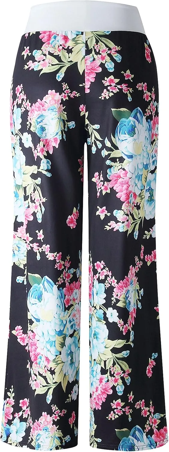 X-Image Women's Comfy Pajamas Drawstring Stretch Floral Print Long Wide Leg Lounge Pants