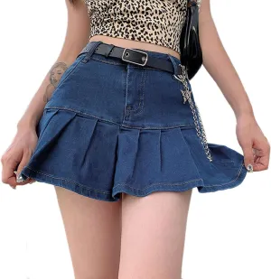 XBTCLXEBCO Girls Women High Waist Denim Skirts Casual A-Line Pleated Ruffled Mini Denim Skirt Flared Short Skater Skirt