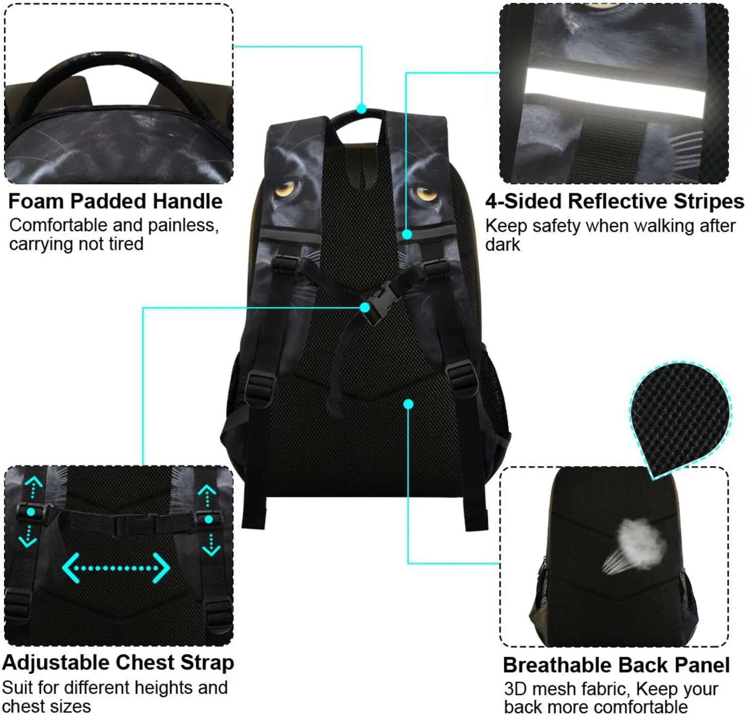 xigua Cool Black Panther Students Backpack,School Bookbag with Reflective Stripe,Waterproof Laptop Backpack for Children Outdoor Camping Travel Daypack Casual Bags