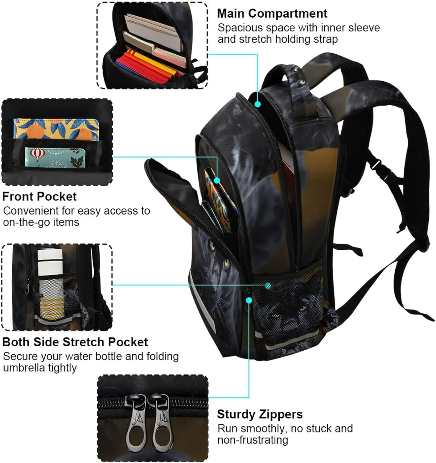xigua Cool Black Panther Students Backpack,School Bookbag with Reflective Stripe,Waterproof Laptop Backpack for Children Outdoor Camping Travel Daypack Casual Bags