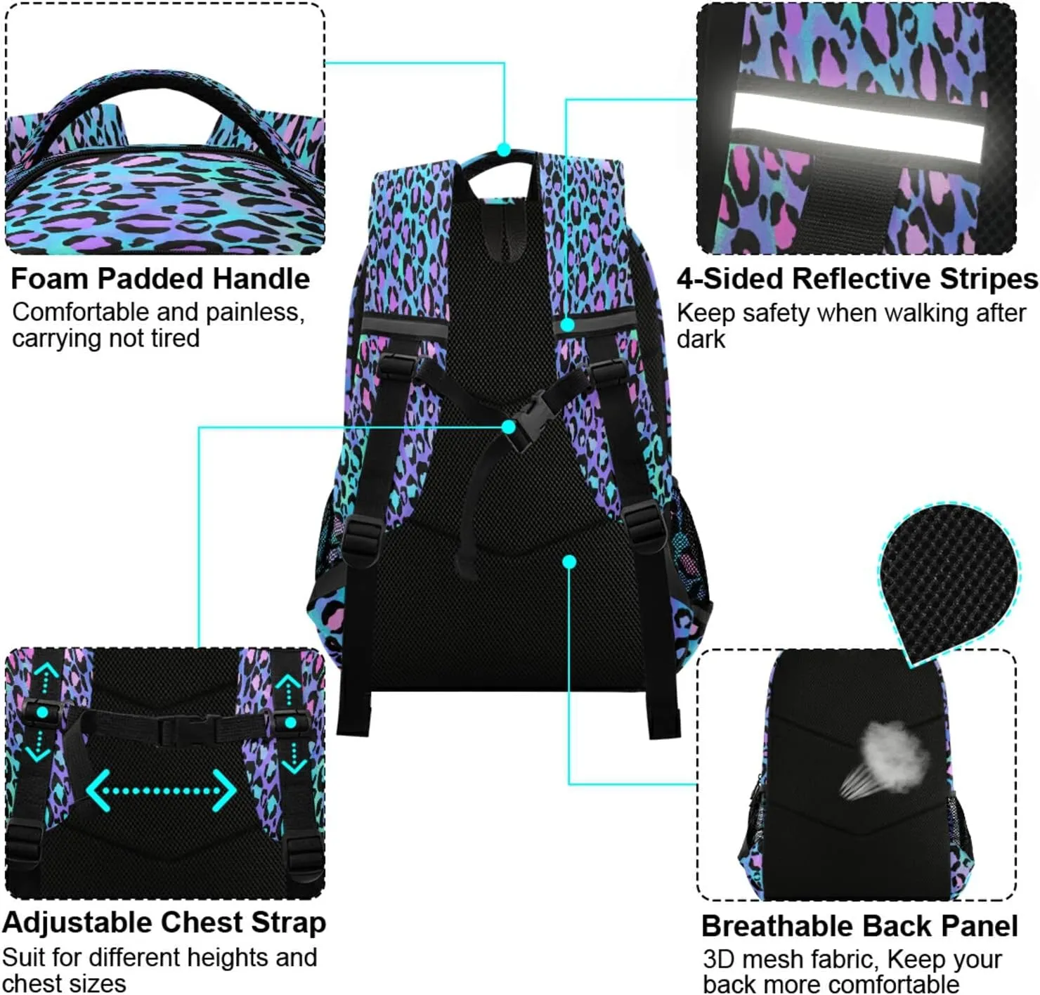 xigua Students Backpack Boy Girl School Bookbag,Fashion Color Leopard Print Waterproof 15In Laptop Backpack for Children Outdoor Camping Travel Daypack Casual Bags