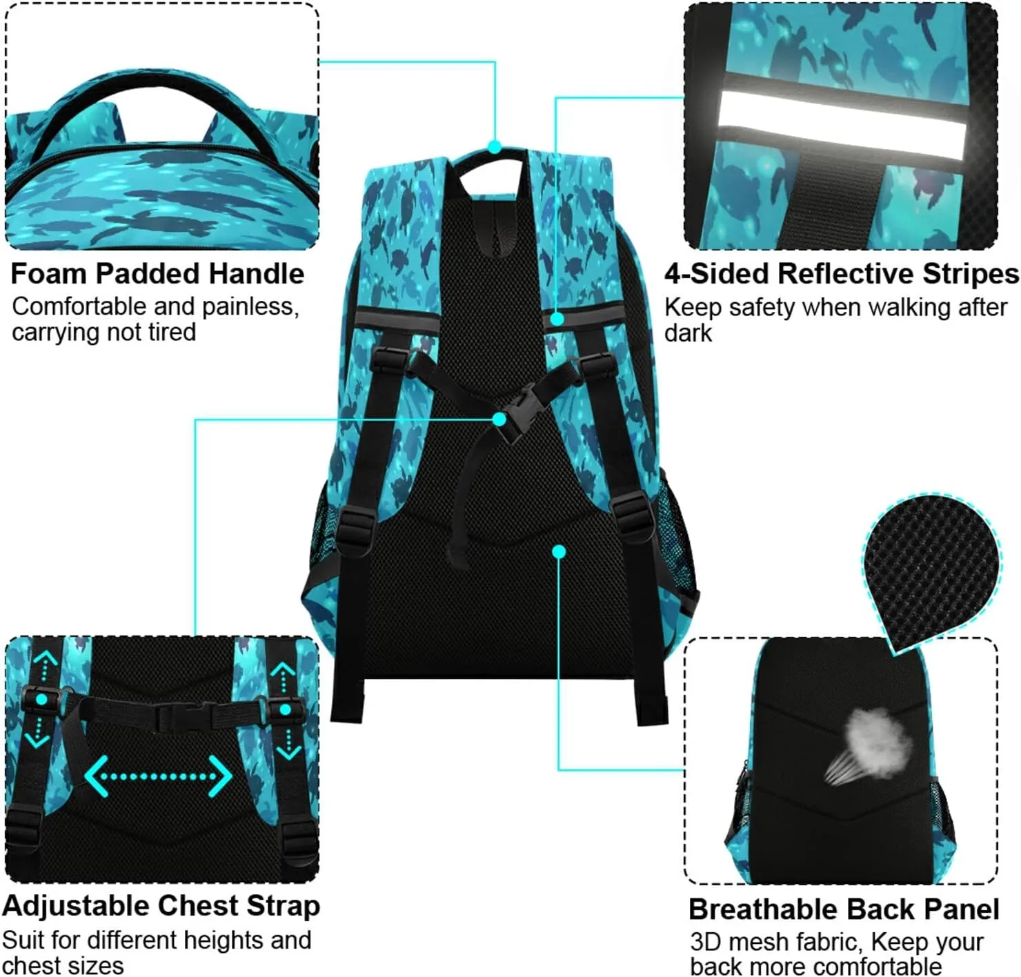xigua Students Backpack Boy Girl School Bookbag,Glowing Beautiful Blue Turtle Waterproof 12.9In Laptop Backpack for Children Outdoor Camping Travel Daypack Casual Bags