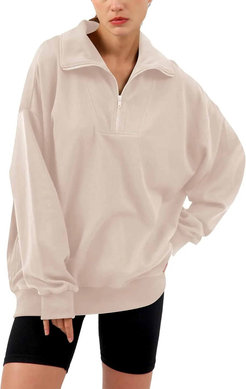 Xintianji Womens 1/4 Zip Pullover Sweatshirts Long Sleeve Drop Shoulder Half Hoodies Fall Oversized Sweater with side pockets