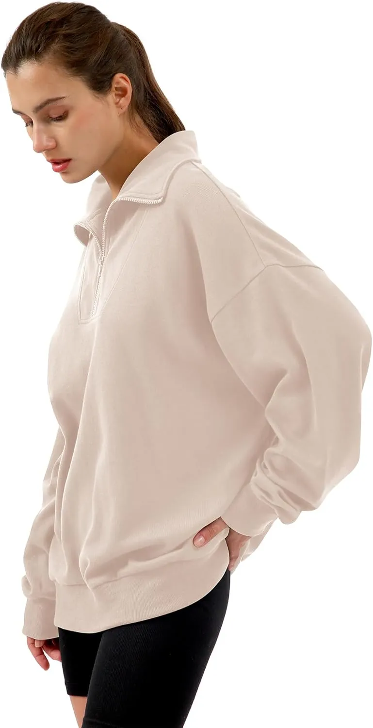 Xintianji Womens 1/4 Zip Pullover Sweatshirts Long Sleeve Drop Shoulder Half Hoodies Fall Oversized Sweater with side pockets