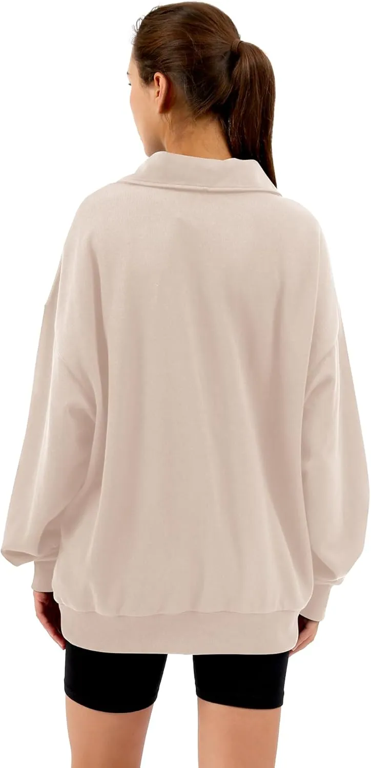 Xintianji Womens 1/4 Zip Pullover Sweatshirts Long Sleeve Drop Shoulder Half Hoodies Fall Oversized Sweater with side pockets