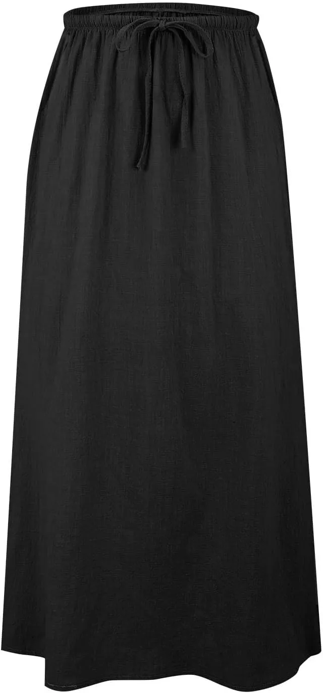XOWRTE Linen Maxi Skirts for Women Trendy Summer Comfy Drawstring Waist A Line Skirts Cute Vacation Boho Long Flowy Skirts