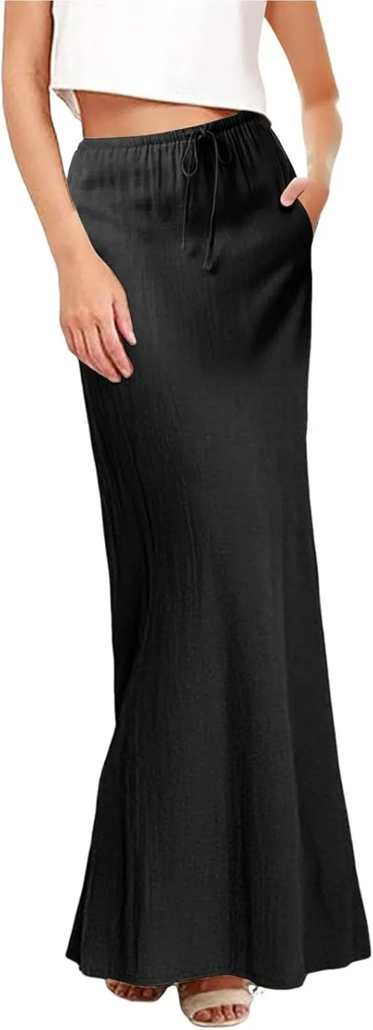 XOWRTE Linen Maxi Skirts for Women Trendy Summer Comfy Drawstring Waist A Line Skirts Cute Vacation Boho Long Flowy Skirts