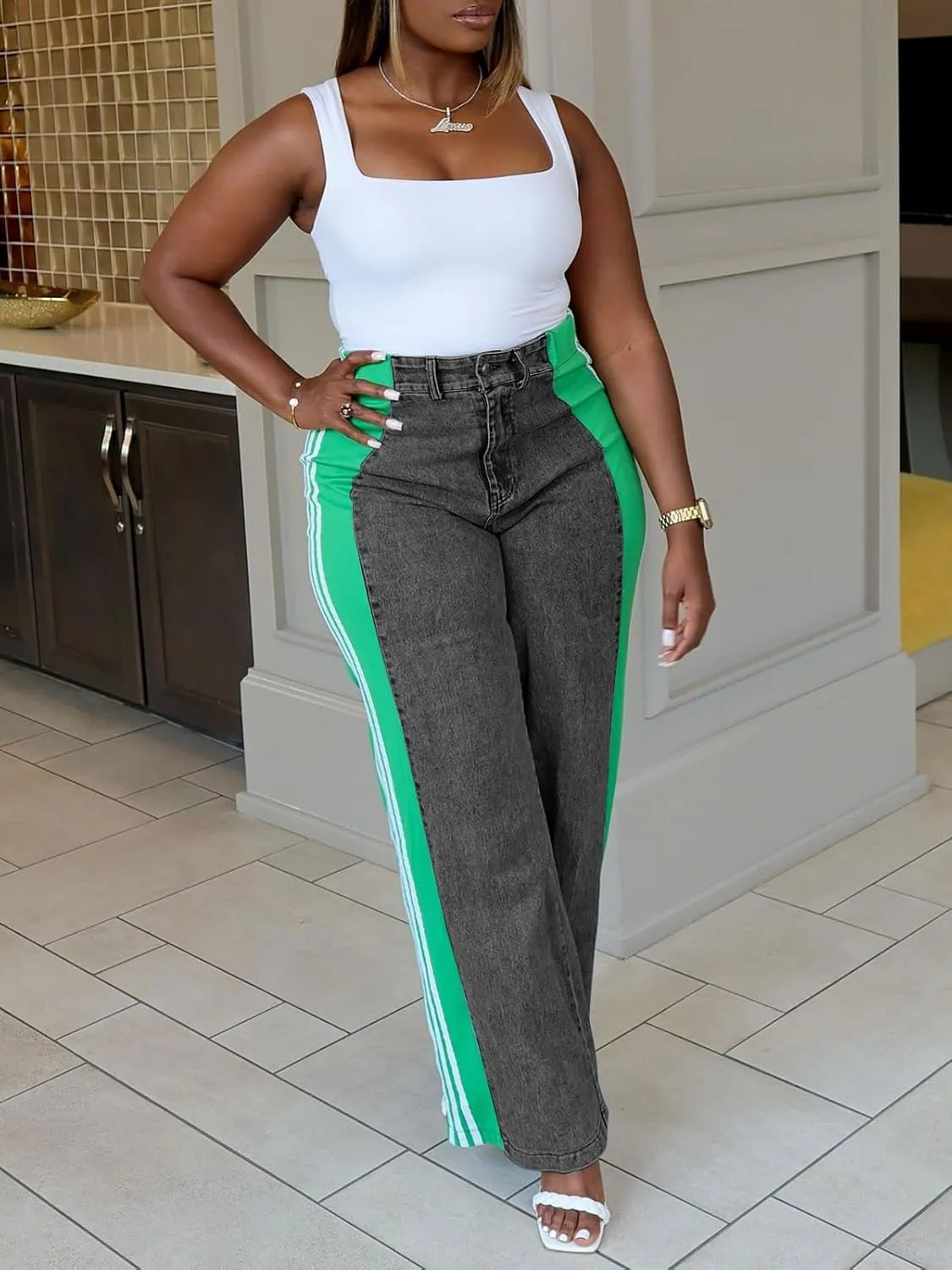 XZLUFNY Women's Jeans Two Tone Patchwork Striped Denim Pant Color Block Straight Wide Leg Trousers