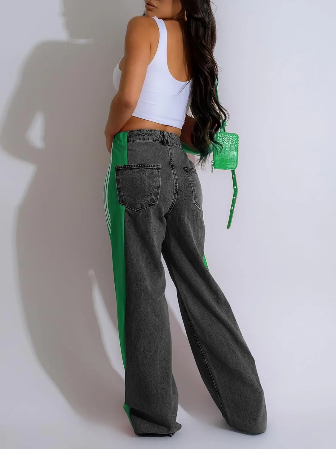 XZLUFNY Women's Jeans Two Tone Patchwork Striped Denim Pant Color Block Straight Wide Leg Trousers