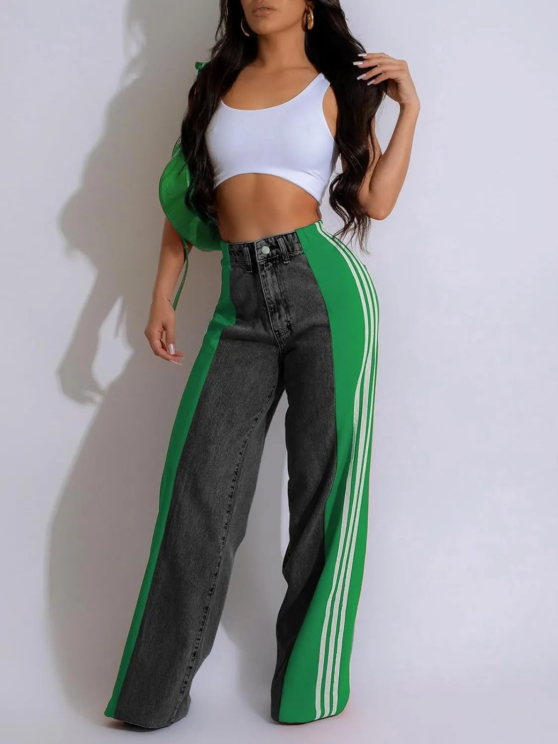 XZLUFNY Women's Jeans Two Tone Patchwork Striped Denim Pant Color Block Straight Wide Leg Trousers
