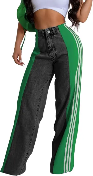 XZLUFNY Women's Jeans Two Tone Patchwork Striped Denim Pant Color Block Straight Wide Leg Trousers
