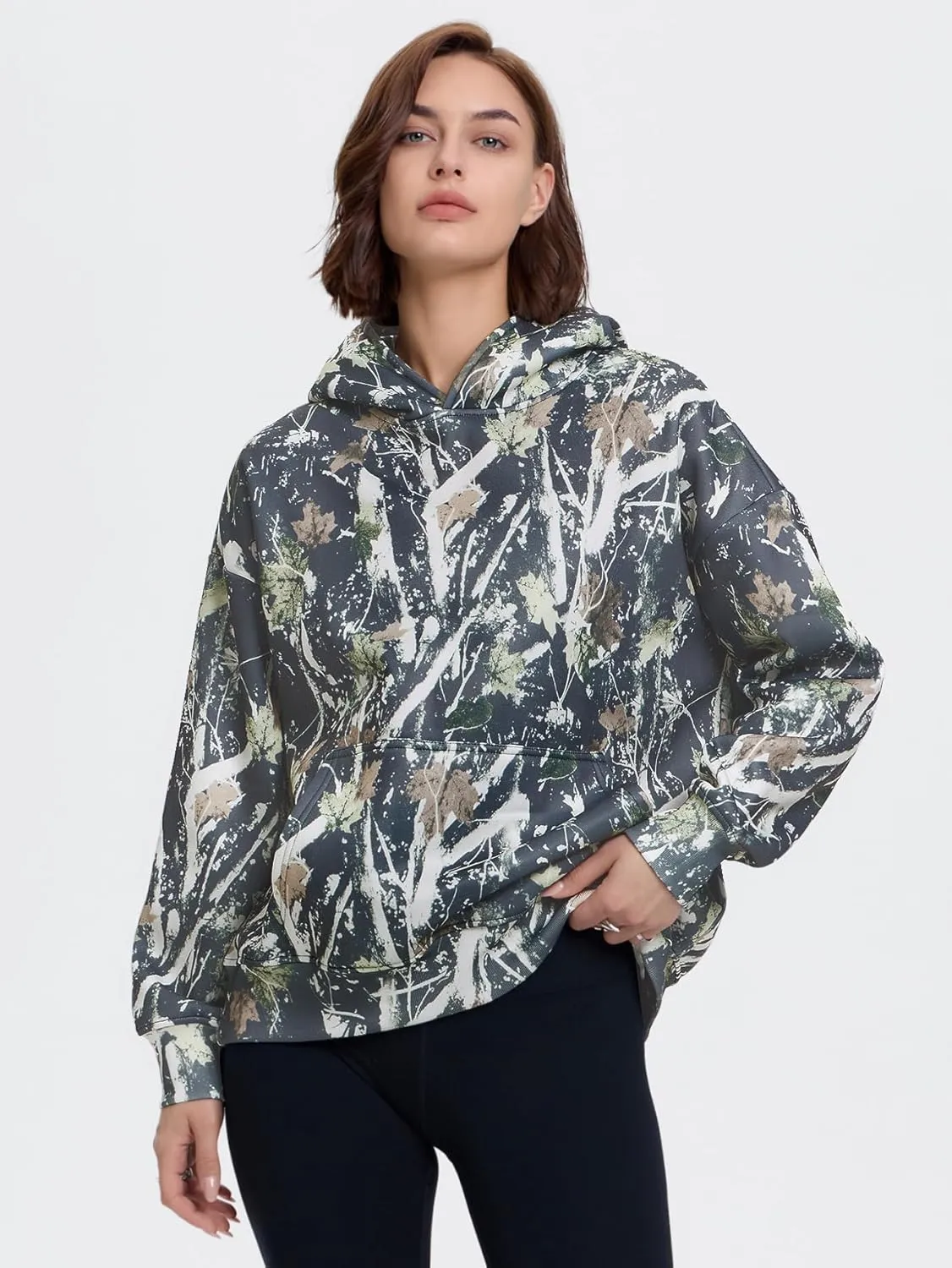 YKR Womens Camo Hoodie Oversized Maple Leaf Print Fleece Hooded Pullover Sweatshirt with Pocket