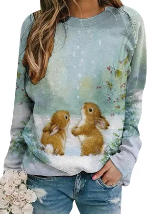YMING Womens Easter Day Crew Neck Sweatshirt Bunny Printed Long Sleeve Pullover Cute Rabbit Shirt Tops Plus Size