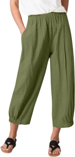 yoeasy Women's Linen Ankle Capris Trousers Loose Comfy Lounge Elastic Waist Pants with Pockets