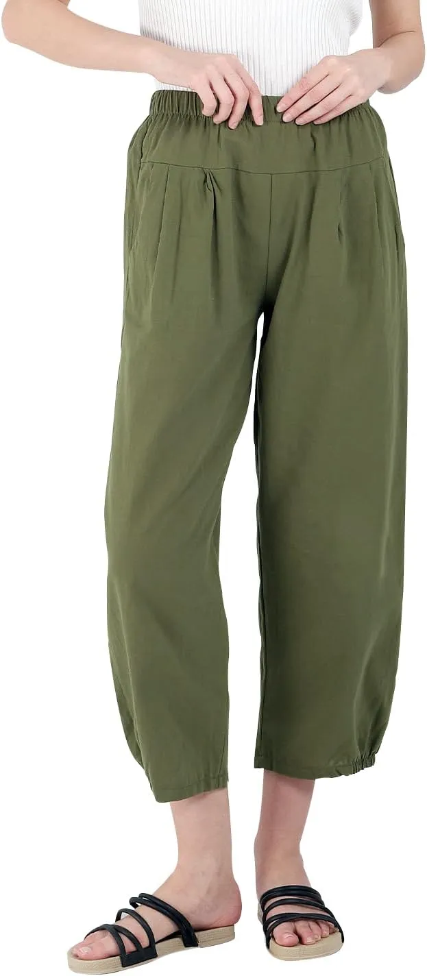 yoeasy Women's Linen Ankle Capris Trousers Loose Comfy Lounge Elastic Waist Pants with Pockets