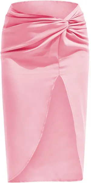yoeasy Women's Pleated Asymmetrical Split Midi Satin Ruched Skirt High Waist Bodycon Midi Skirt