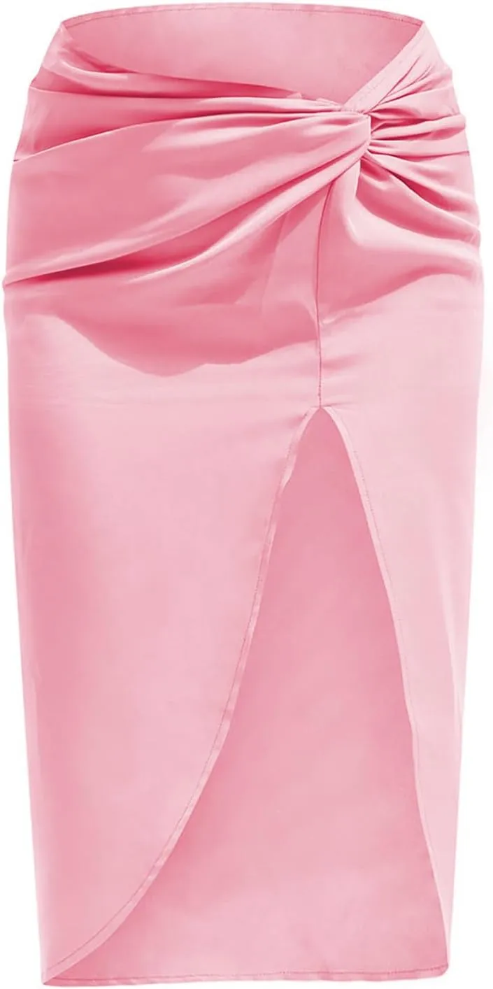 yoeasy Women's Pleated Asymmetrical Split Midi Satin Ruched Skirt High Waist Bodycon Midi Skirt