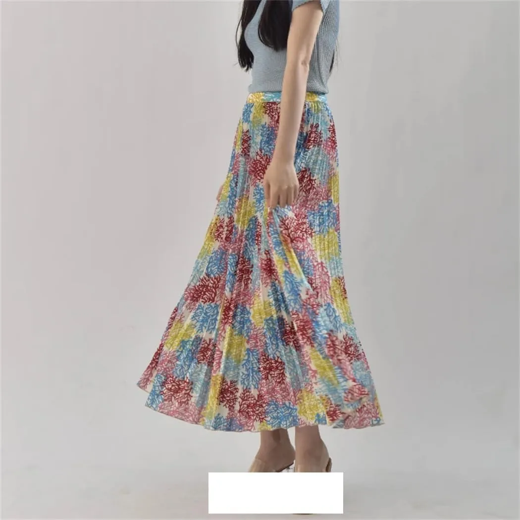 YTR6TW Women's Print Elastic High Waist Skirt Women Clothes Pleated Midi Dress Summer Streetwear Skirt