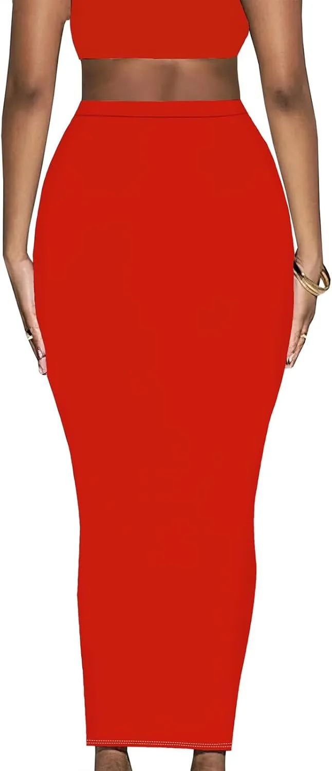 Yuopeid Women's Summer Bodycon High Waist Slim Fit Solid Color Casual Cocktail Club Party Pencil Long Maxi Skirts