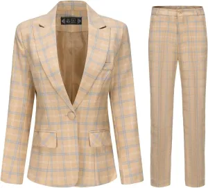 YYNUDA Women's Business Plaid Suit Set Lady 2 Piece 1 Button Office Blazer Jacket and Pants for Work