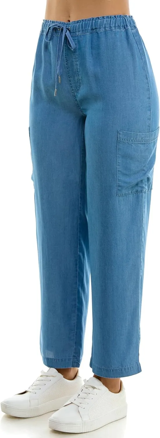 Zac & Rachel Women's Tencel Ankle Length Pant with Elastic Wasitband, Self Adjustible Belt and Functional Side Cargo Pockets