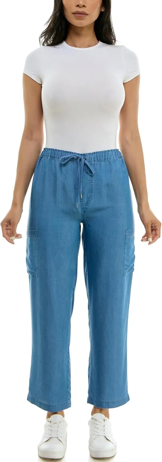 Zac & Rachel Women's Tencel Ankle Length Pant with Elastic Wasitband, Self Adjustible Belt and Functional Side Cargo Pockets