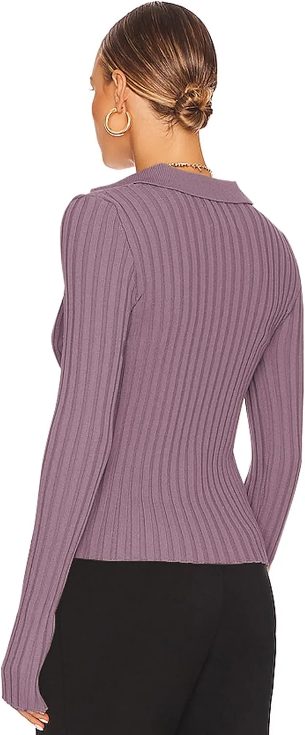 ZAFUL Women's V Neck Button Down Ribbed Sweater Cardigan Long Sleeve Polo Collar Slim Knitted Pullover
