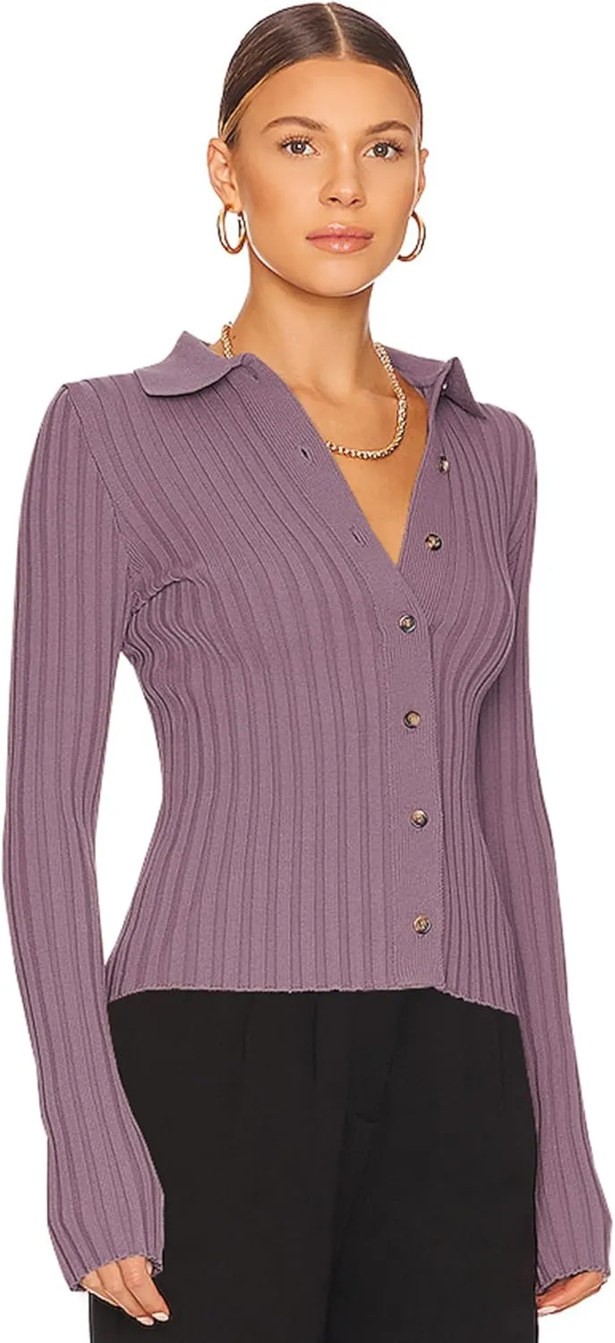 ZAFUL Women's V Neck Button Down Ribbed Sweater Cardigan Long Sleeve Polo Collar Slim Knitted Pullover
