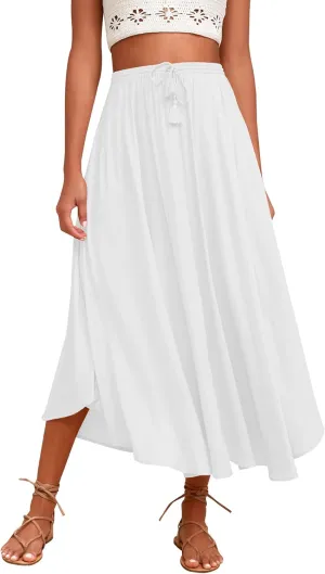 Zeagoo Womens Flowy Pleated Skirts A Line Elastic High Waisted Midi Skirt Boho Casual Long Skirts Brown Leaf Print XXL