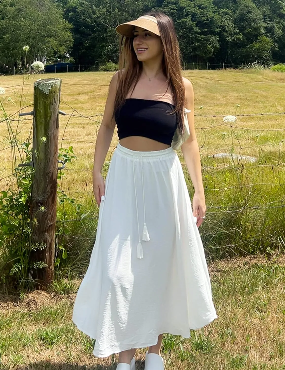 Zeagoo Womens Flowy Pleated Skirts A Line Elastic High Waisted Midi Skirt Boho Casual Long Skirts Brown Leaf Print XXL