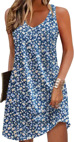 Zeagoo Womens Summer Dress 2025 Loose V Neck Sleeveless Sundresses Swimsuit Coverup with Pockets Floral Tank Dresses