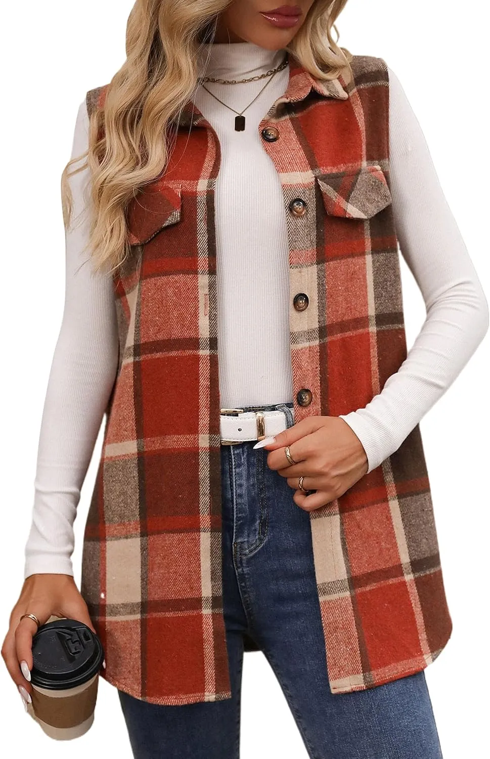 ZILIN Women's Flannel Plaid Vest Button Down Sleeveless Shacket Shirt Jacket
