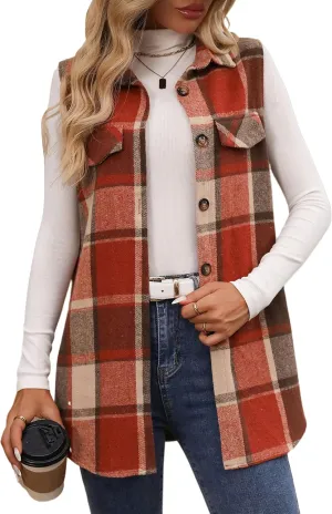 ZILIN Women's Flannel Plaid Vest Button Down Sleeveless Shacket Shirt Jacket