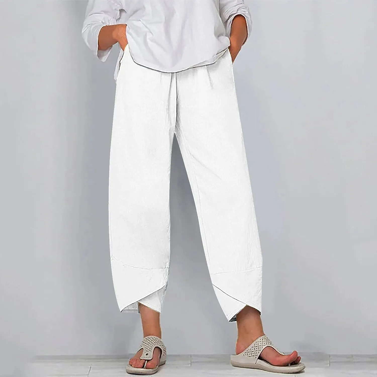 ZOCANIA Linen Capri Pants for Women Casual Summer Petite Linen Trousers Cropped Linen Wide Leg Pants with Pockets