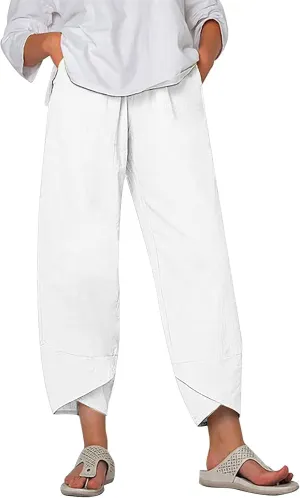 ZOCANIA Linen Capri Pants for Women Casual Summer Petite Linen Trousers Cropped Linen Wide Leg Pants with Pockets